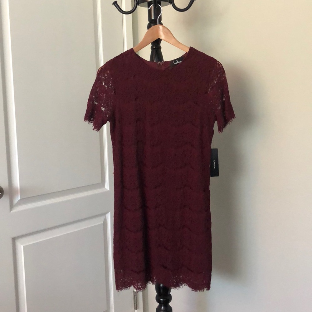 Lulus Take me to Brunch Burgundy Lace Shift Dress